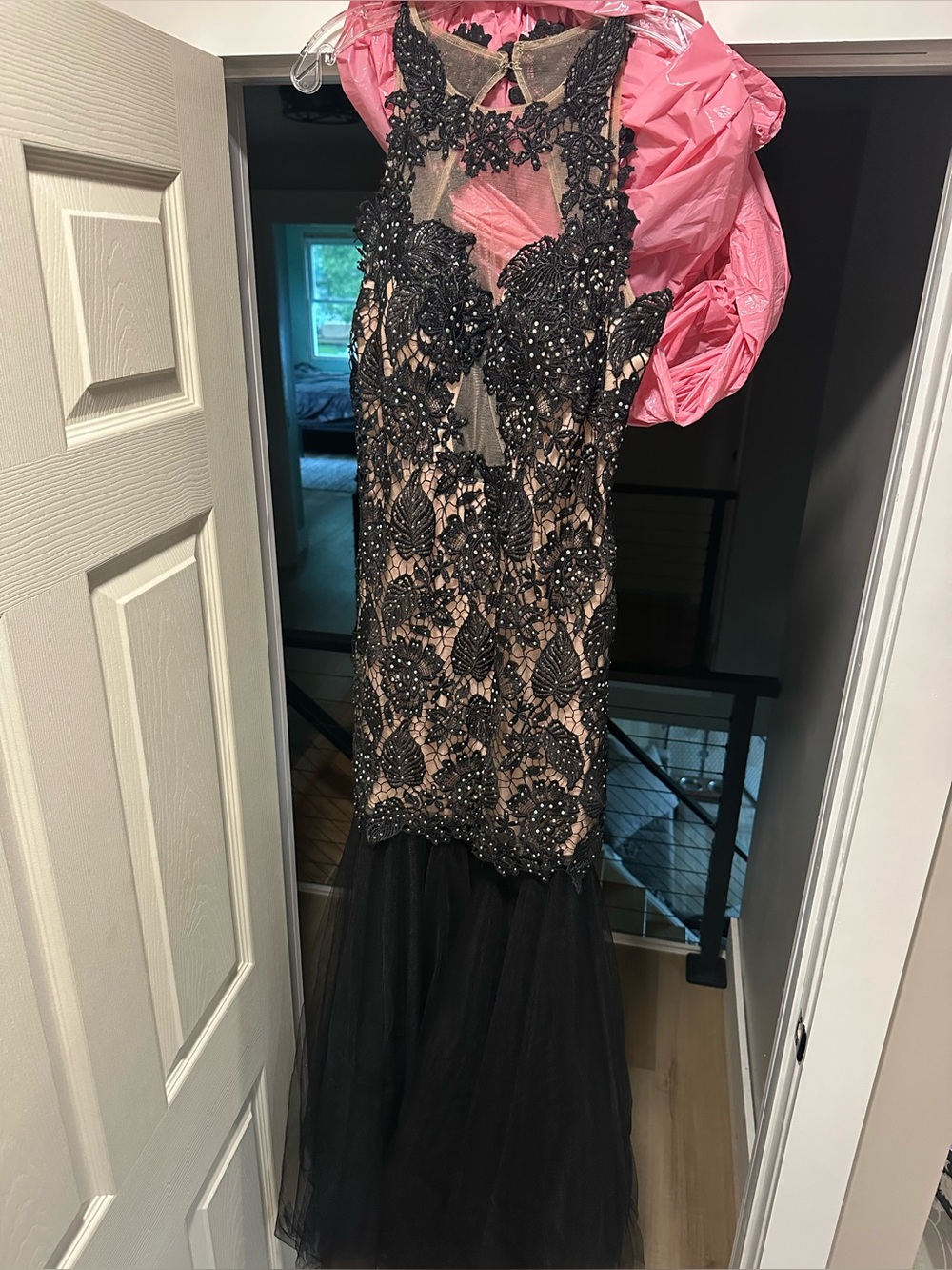 Beaded Black Lace Overlay Mermaid Evening Dress